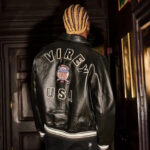 Letter-Embroidered Cropped Leather Jacket