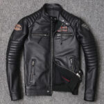 Ribbed-Sleeve Cowhide Biker Jacket