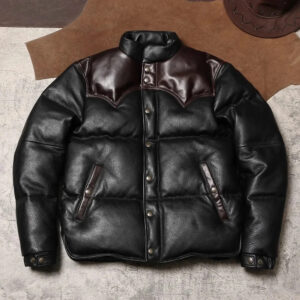 Western-Yoke Cowhide Leather Puffer Jacket