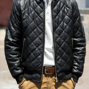 Diamond-Stitch Sheepskin Leather Bomber – view 2